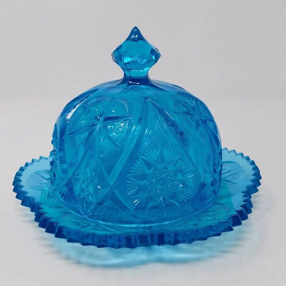 Vintage Kemple Yutec Round Domed Dark Blue Pressed Star & Fan Butter Dish w/ Lid